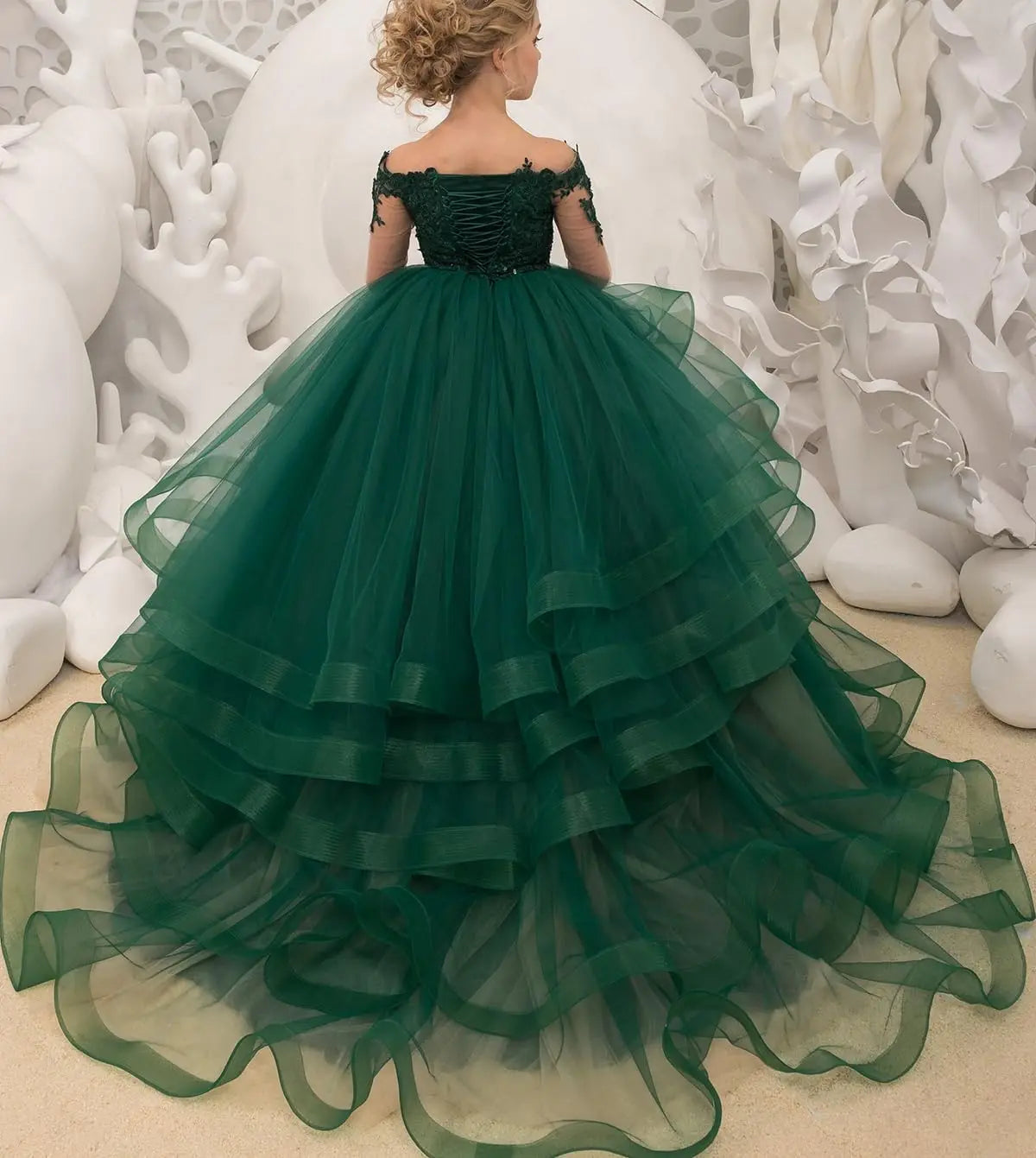 Custom made Princess Long Sleeve Flower Girl Dresses Appliques Ruffles Tulle Pageant Dresses for Girls Kids Party Ball Gowns