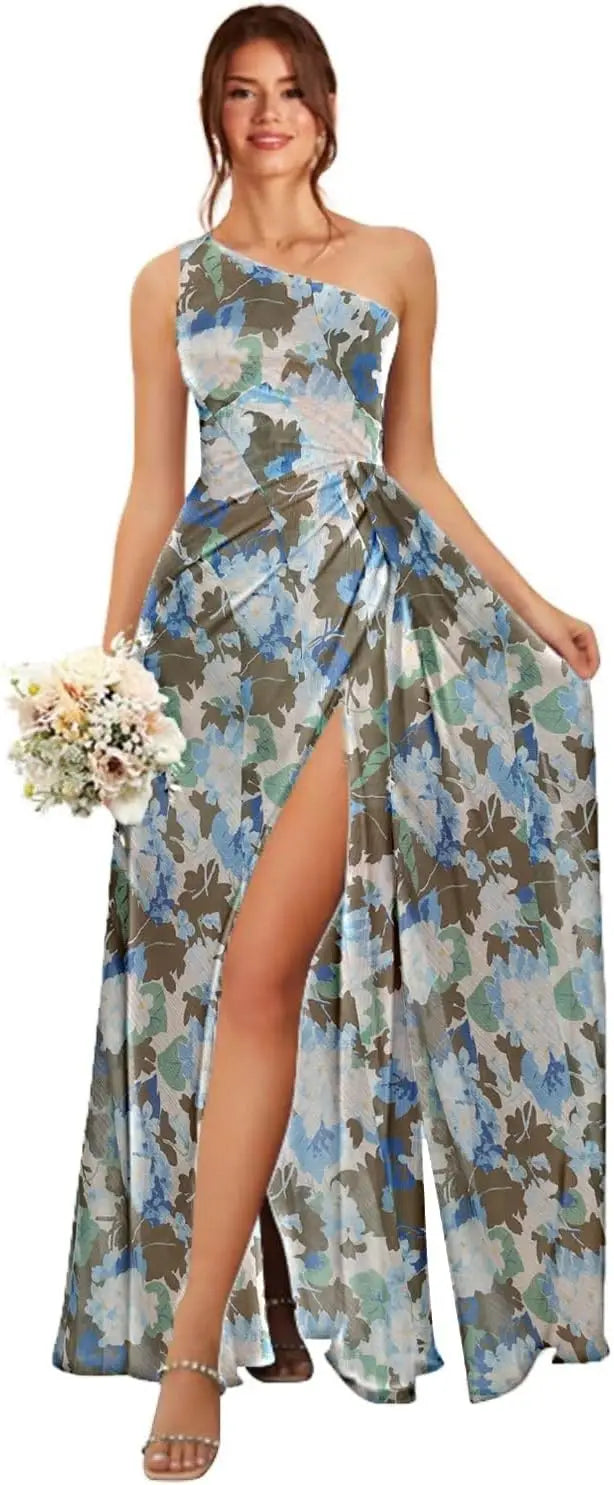 One Shoulder Bridesmaid Dresses for Women Long Ruched Chiffon A Line Formal Evening Dress with Slit prom dresses