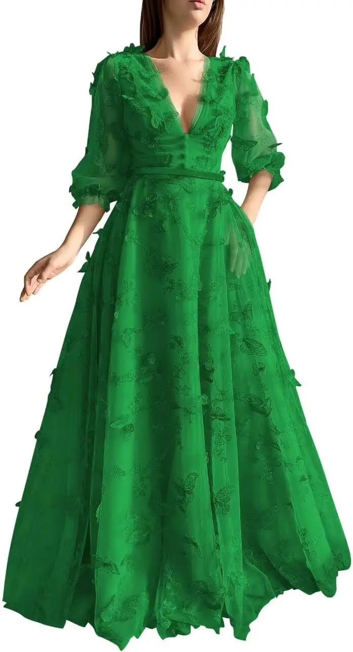 Damen Ballkleid mit Puffärmeln, 3D-Schmetterling, langer V-Ausschnitt, Tüll, Ballkleid, formelles Abendkleid 