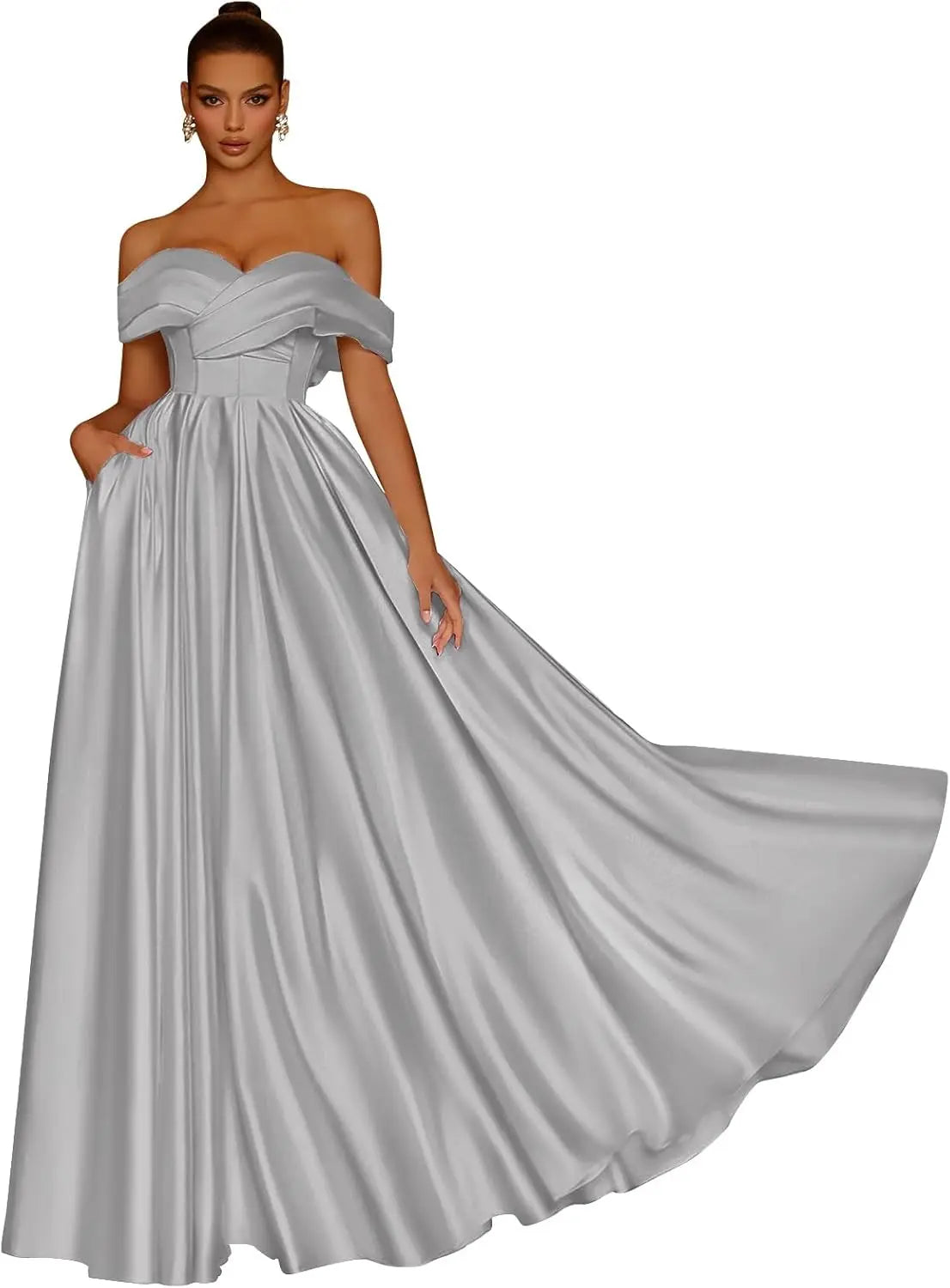 Damen Schulterfreies Satin-Ballkleid, lang, V-Ausschnitt, A-Linie, formelles Abendkleid mit Taschen, Ballkleid 