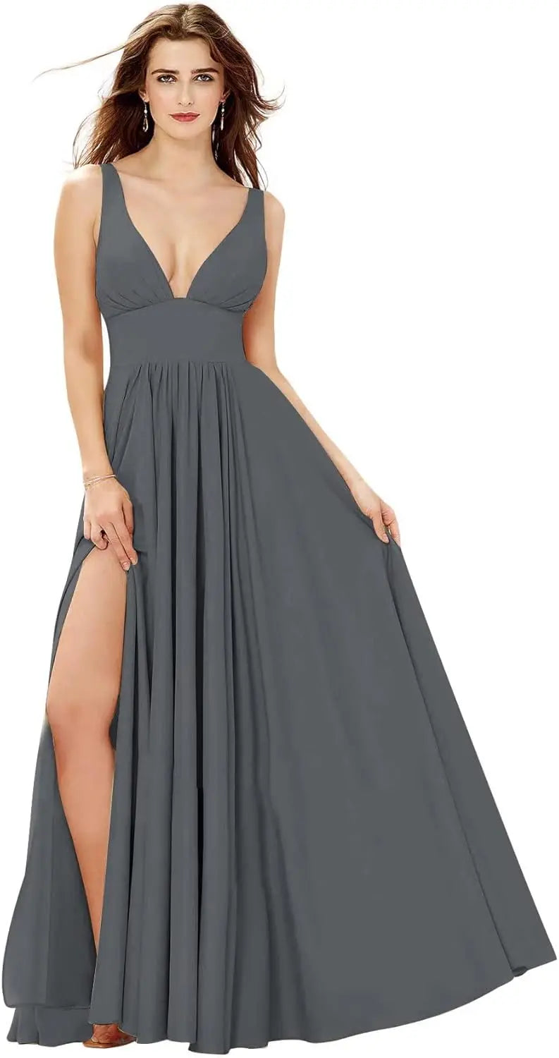 Elegant Women's Long Chiffon Bridesmaid Dresses Deep V-Neck Sleeveless Slit Formal Evening Party Gowns prom dresses