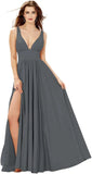 Elegant Women's Long Chiffon Bridesmaid Dresses Deep V-Neck Sleeveless Slit Formal Evening Party Gowns prom dresses