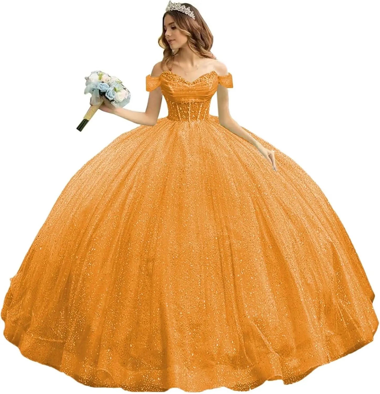 Tulle Quinceanera Dresses with Bow Puffy Off Shoulder Sweet 16 Dresses Sparkly Crystal Quince Dress with Train