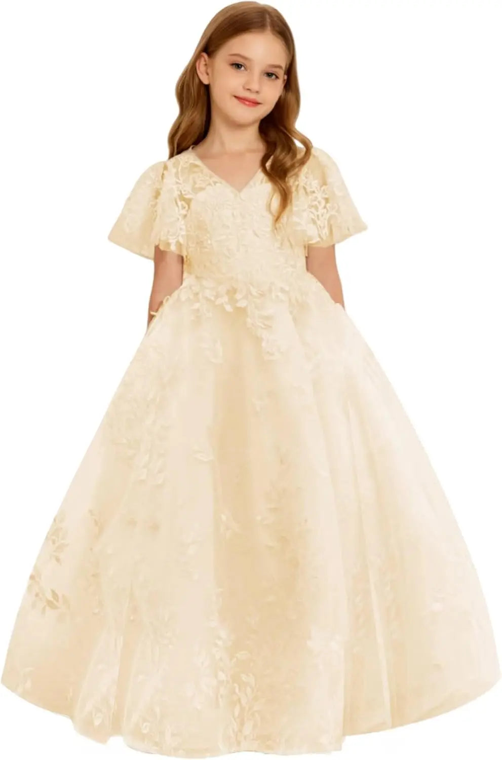 Vestido de primera comunión de encaje con mangas con volantes para niña de las flores, para boda, desfile, vestido de princesa 
