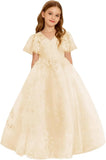 Vestido de primera comunión de encaje con mangas con volantes para niña de las flores, para boda, desfile, vestido de princesa 