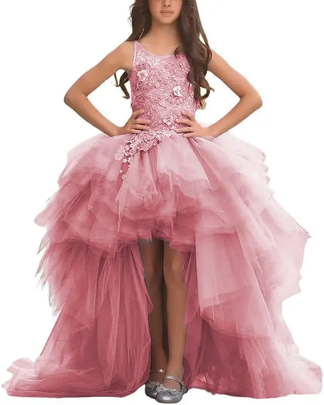 Blumenmädchenkleid für Mädchen, hoch und niedrig, Festzugskleider, gestufte Tüllapplikationen, Prinzessin, formelle Party, Ballkleid, Festzug für Mädchen 
