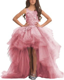 Blumenmädchenkleid für Mädchen, hoch und niedrig, Festzugskleider, gestufte Tüllapplikationen, Prinzessin, formelle Party, Ballkleid, Festzug für Mädchen 