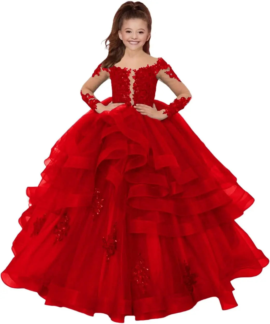 Custom made Princess Long Sleeve Flower Girl Dresses Appliques Ruffles Tulle Pageant Dresses for Girls Kids Party Ball Gowns