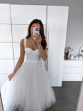 Tulle Tea-Length Prom Dresses High Quality Sweetheart Spaghetti Straps Party & Vacation Wear Elegant Plain A-line Evening Gowns