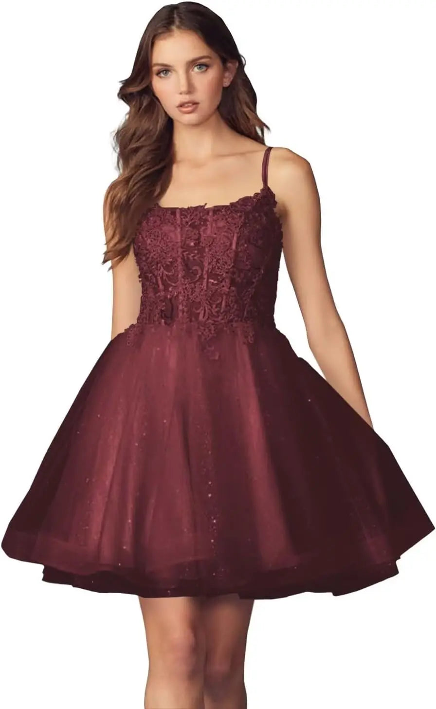 Kurzes Homecoming-Kleid mit Spitzenapplikationen aus Tüll für Teenager mit Spaghettiträgern, Cocktail-, Abschlussball- und Partykleider 