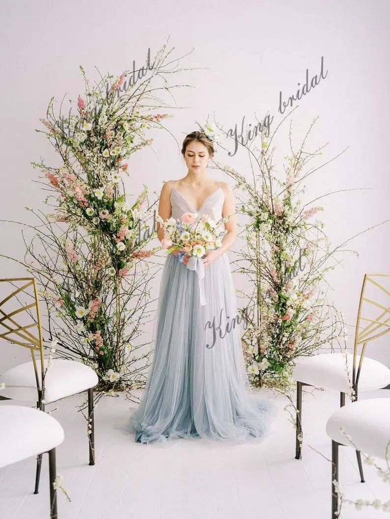 Vestidos de novia de tul con encaje, vestido de novia azul, vestido de novia sencillo, vestidos de noche de graduación, vestido formal, mujer elegante 