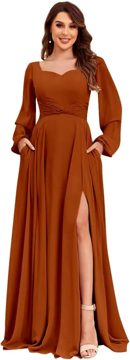 Damen Langarm Brautjungfernkleider mit Taschen Split Plissee Chiffon Formales Abendkleid Partykleid formelles Kleid Frauen elegant 