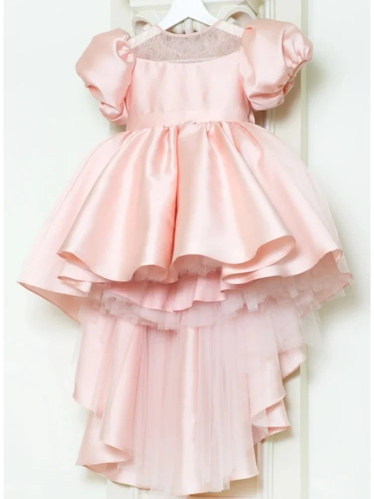 Pink Satin Tulle Appliques With Bow And Trailing Short Sleeve For Wedding Birthday Banquet Princess Gowns Flower Girl Dresses
