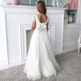 White Tulle Pearls With Bow Feather Sleeveless For Wedding Birthday Party Holy Communion Gowns Customized Flower Girl Dresses
