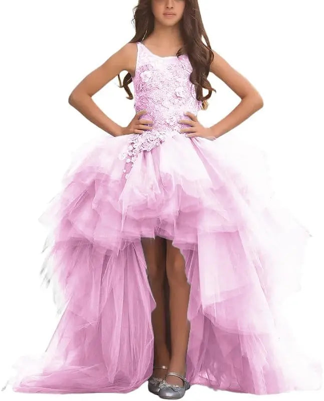 Blumenmädchenkleid für Mädchen, hoch und niedrig, Festzugskleider, gestufte Tüllapplikationen, Prinzessin, formelle Party, Ballkleid, Festzug für Mädchen 