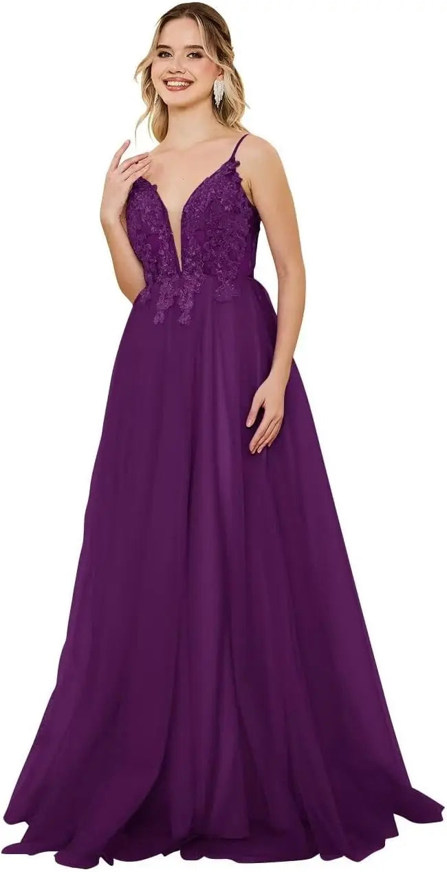 Vestidos de fiesta de tul con escote en V profundo para mujer, tirantes finos, apliques de encaje, vestidos de noche largos de corte A 