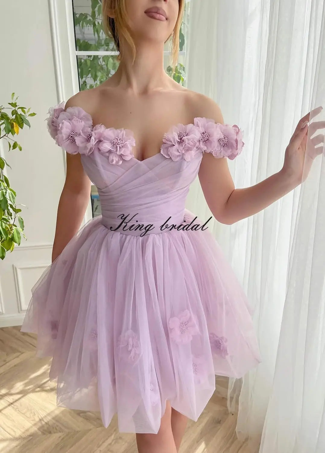 3D Flowers Tulle Girls Homecoming Dresses Short Off The Shoulder Fairy Prom Dress Cocktail Wedding Party Gowns Bridesmaid Gown