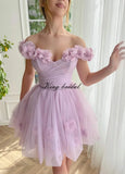3D Flowers Tulle Girls Homecoming Dresses Short Off The Shoulder Fairy Prom Dress Cocktail Wedding Party Gowns Bridesmaid Gown