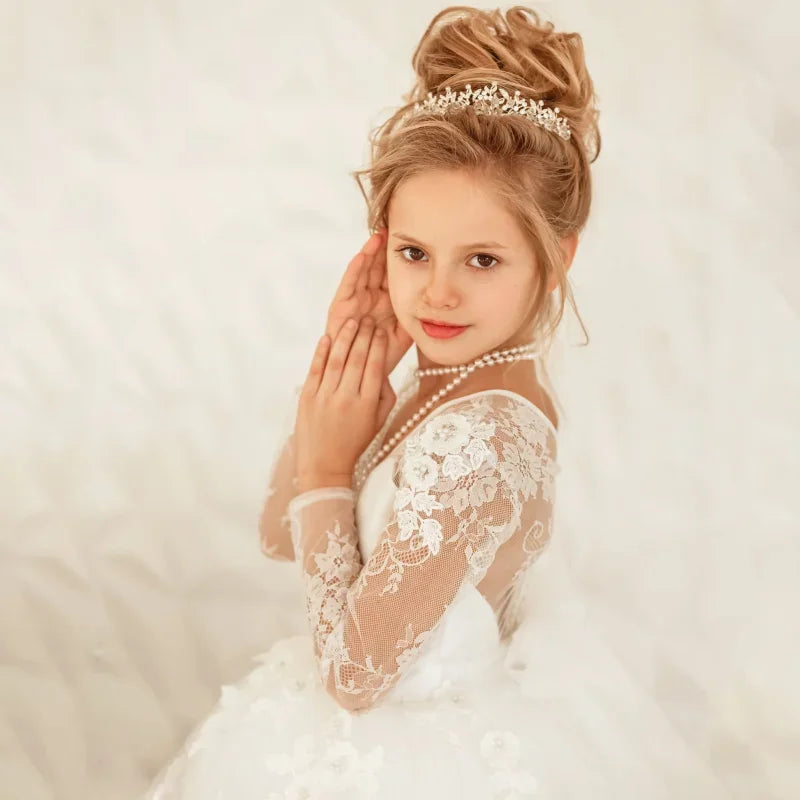 Weiße Spitze Blumenapplikationen mit Schleife Langarm für Hochzeit Geburtstagsfeier Heilige Kommunion Kleider Maßgeschneiderte Blumenmädchenkleider 
