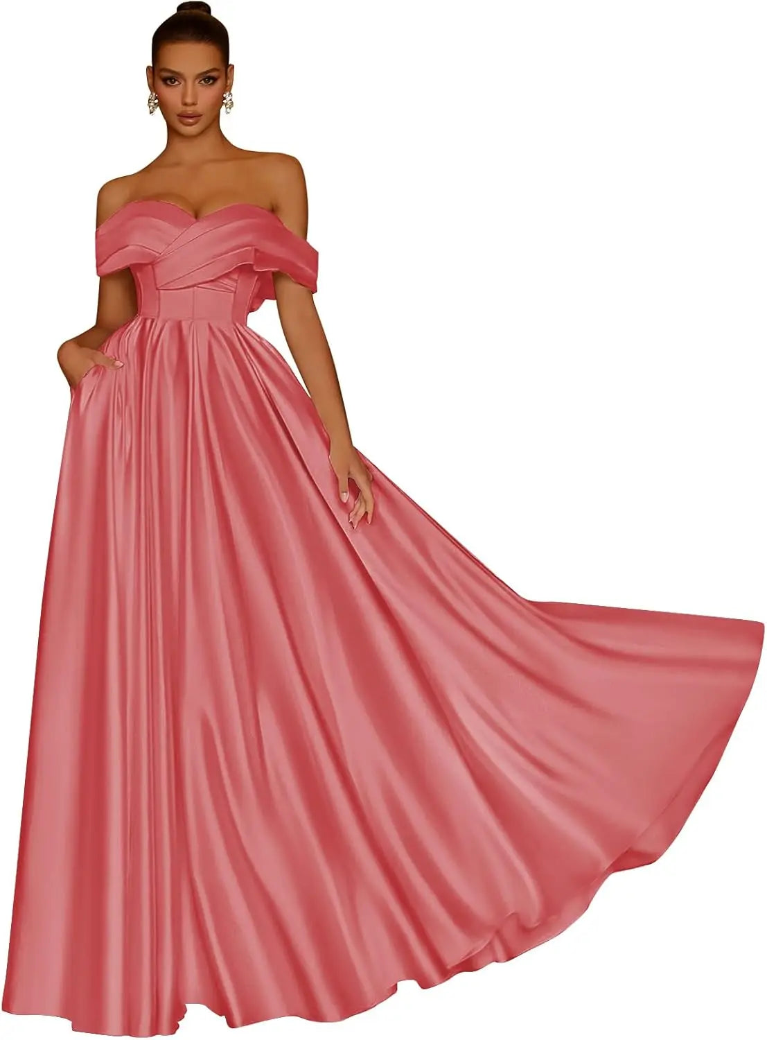 Damen Schulterfreies Satin-Ballkleid, lang, V-Ausschnitt, A-Linie, formelles Abendkleid mit Taschen, Ballkleid 