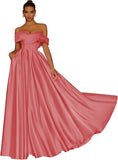 Damen Schulterfreies Satin-Ballkleid, lang, V-Ausschnitt, A-Linie, formelles Abendkleid mit Taschen, Ballkleid 