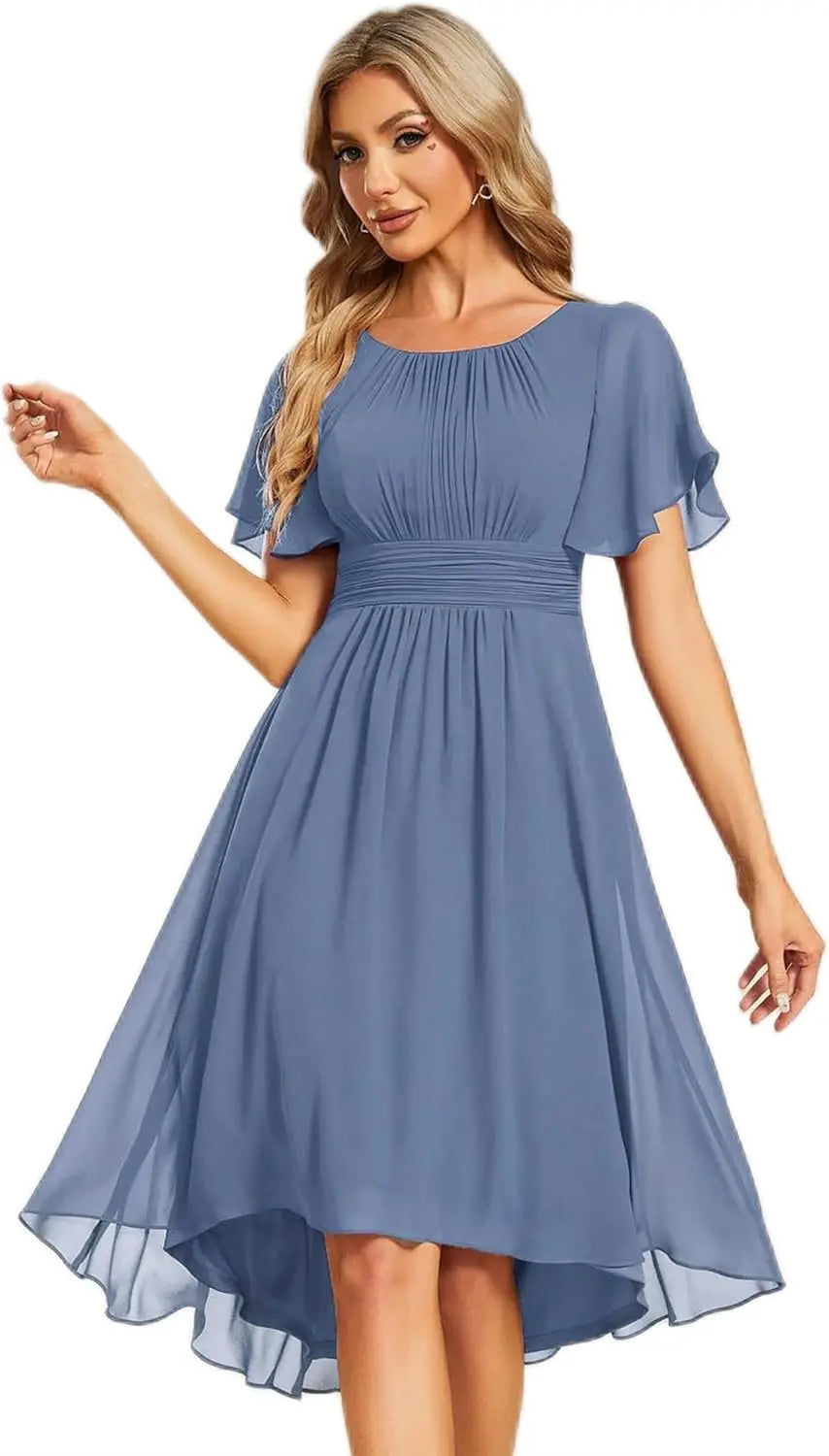 Vestido de gasa con cuello redondo y cintura plisada para mujer, manga corta, para invitada de boda, dama de honor, fiesta, graduación 