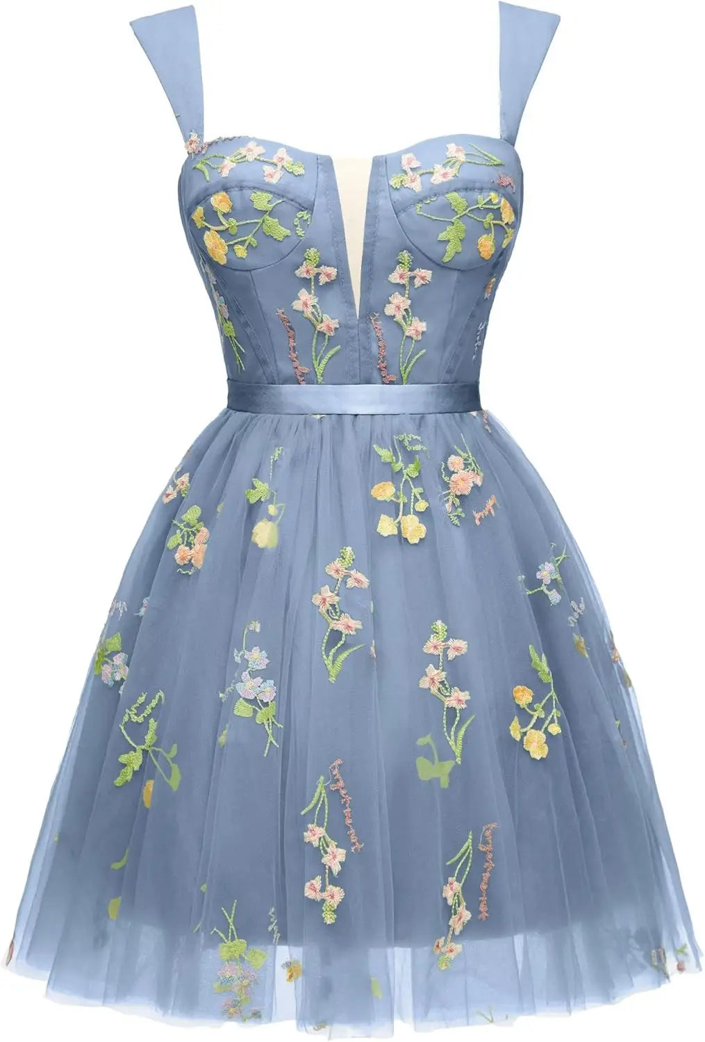 Vestidos cortos de fiesta para adolescentes con bordado de flores, tul, tirantes finos, largo hasta la rodilla, con margaritas y estampado floral. 