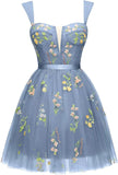 Vestidos cortos de fiesta para adolescentes con bordado de flores, tul, tirantes finos, largo hasta la rodilla, con margaritas y estampado floral. 