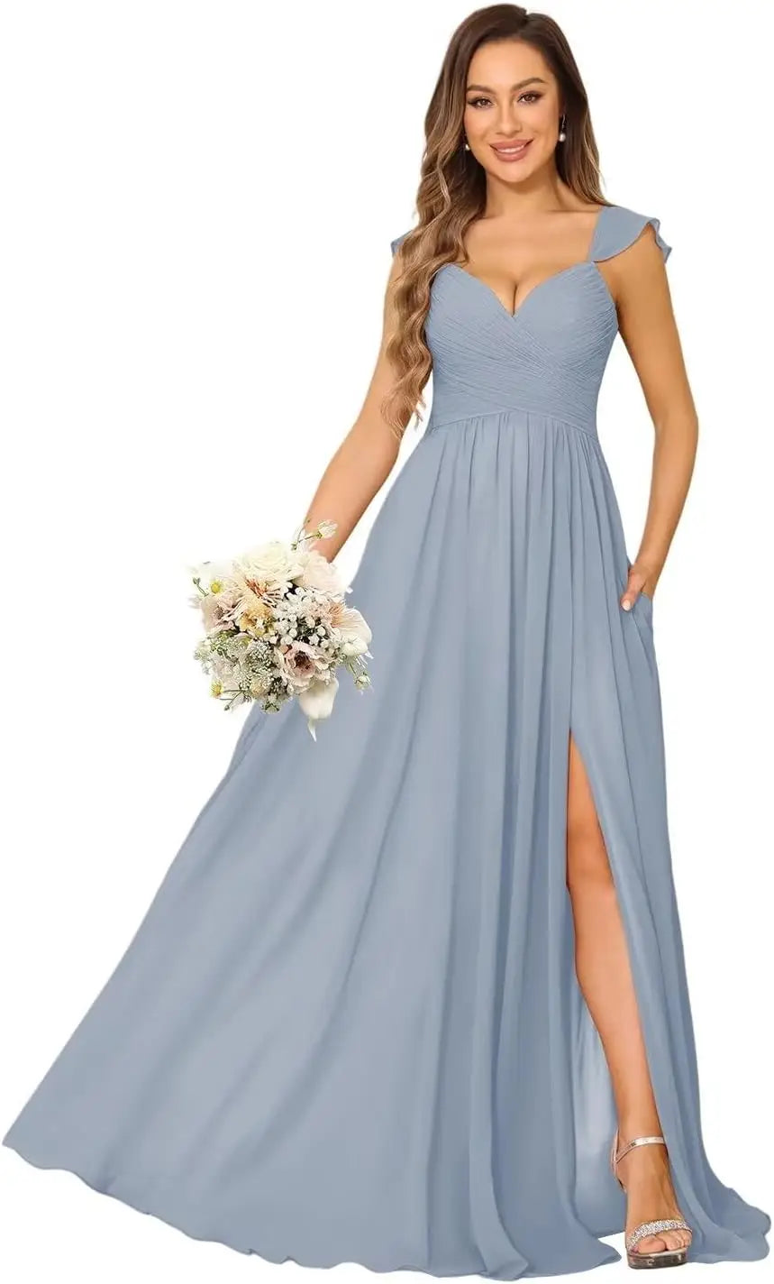 Women's Cap Sleeves Chiffon Bridesmaid Dresses Long with Pockets Ruffle Formal Evening Dresses with Slit Wedding Party Gowns