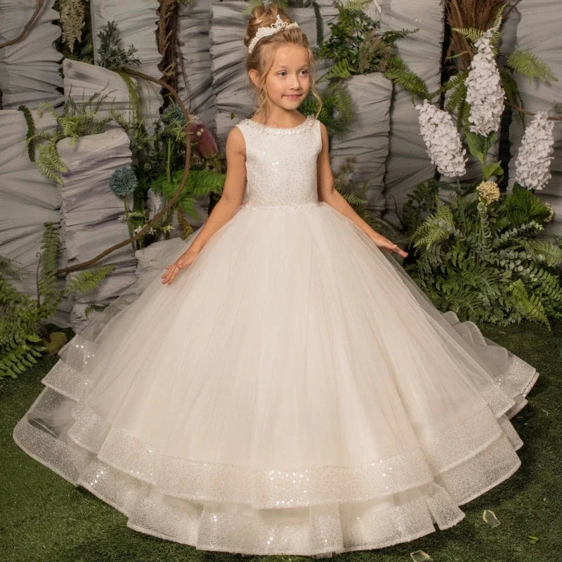 White Tulle Puffy Round Neck Shiny Hem With Big Bow For Wedding Birthday Party First Communion Gowns Flower Girl Dresses