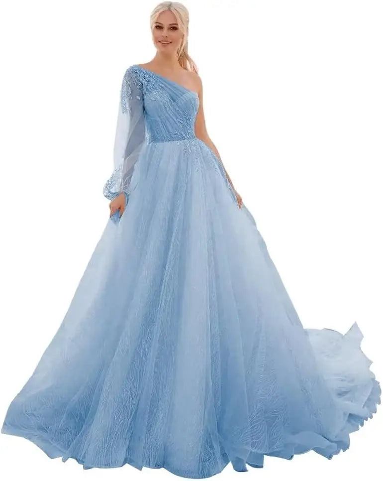 One Shoulder Appliques Tulle Prom Dresses Glitter Ball Gown Wedding Dress Princess Formal Gown