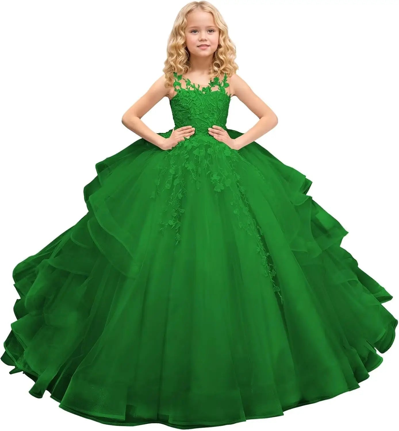 Tüll Prinzessin Ärmellose Festzugskleider Lange Spitze Applique Blumenmädchen Kleid Kinder Geburtstagsparty Ballkleid Festzugskleider 