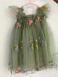 Vestido de tul con flores, vestido verde con flores, vestido para primer cumpleaños, vestidos de fotos para niñas pequeñas, vestido de princesa con mangas con volantes para niñas. 