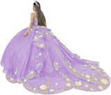 Gold Appliques Quinceanera Dresses with Train Spaghetti Strap Lace Sweet 16 Dresses Layered Ruffles Beaded Ball Gown