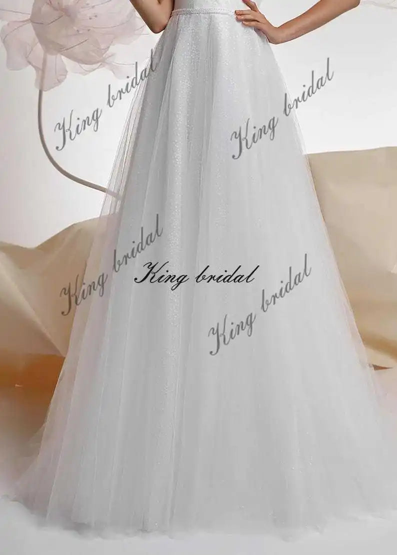 Vestido de novia de tul con puntos y purpurina personalizado, vestidos de novia de tul brillante, elegantes vestidos de novia con corsé, vestido de novia drapeado personalizado. 