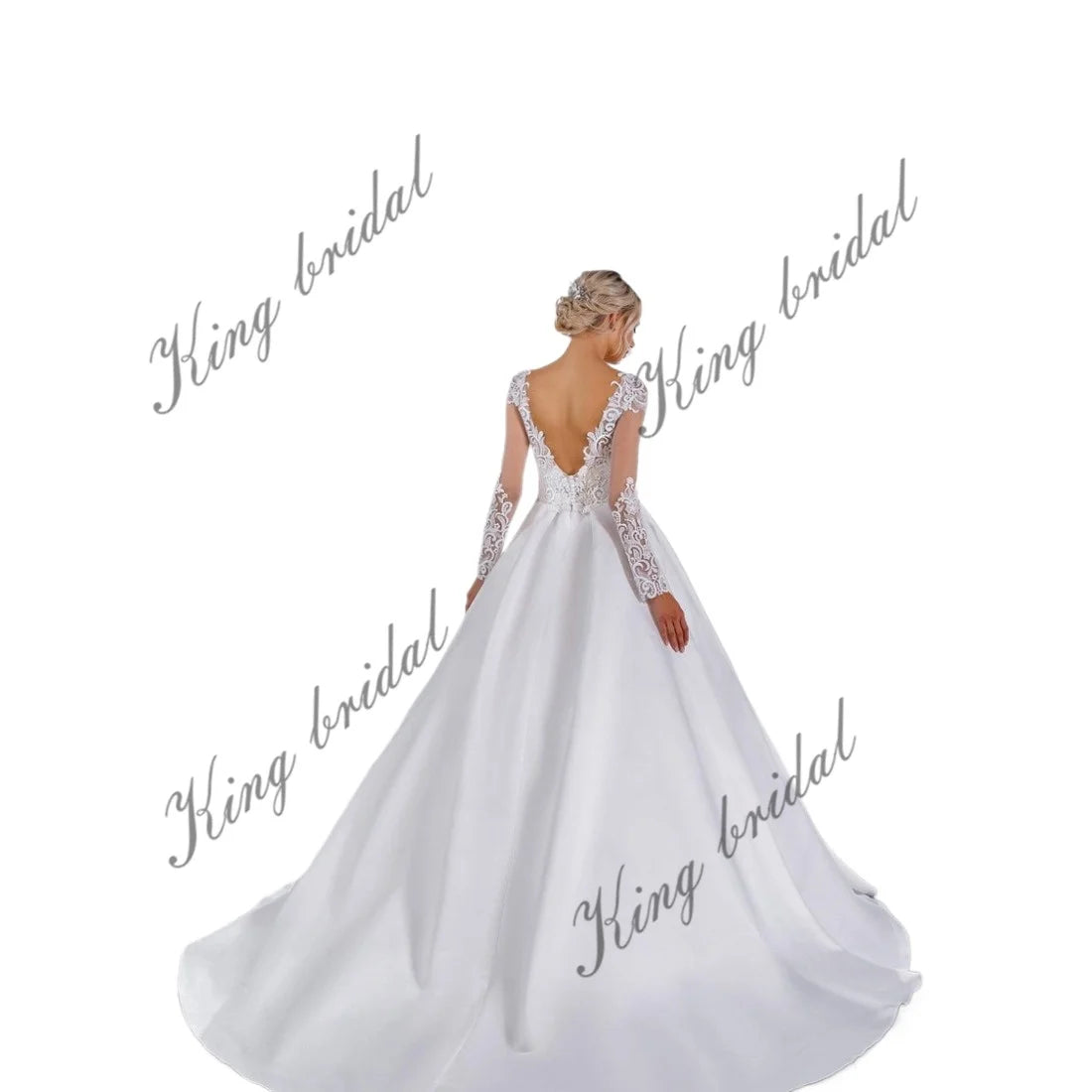 Vestido de novia de satén con encaje y espalda descubierta, blanco, de manga larga, escote en V profundo, personalizado, con apliques de tul y encaje. 