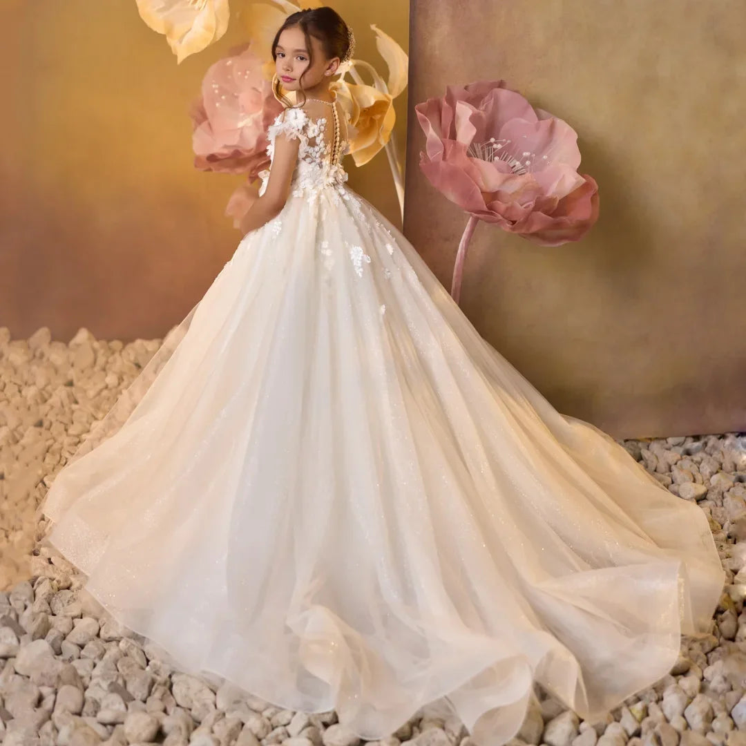 White Tulle Appliques With Trailing Short Sleeve For Wedding Birthday Party Banquet Princess Gown Customized Flower Girl Dresses