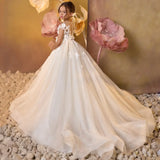 White Tulle Appliques With Trailing Short Sleeve For Wedding Birthday Party Banquet Princess Gown Customized Flower Girl Dresses