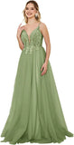 Vestidos de fiesta de tul con escote en V profundo para mujer, tirantes finos, apliques de encaje, vestidos de noche largos de corte A 
