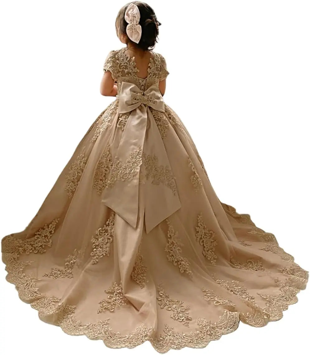 Blumenmädchenkleid für Mädchen zur Hochzeit, Applikationen, Tüll, Festzugskleider, kurze Ärmel, Ballkleid mit Schleife, Prinzessinnenkleid 