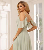 Women's Off Shoulder Chiffon Junior Bridesmaid Dresses Short Pockets Ruffle A Line Formal Dresses with Slit Wedding Party Gown