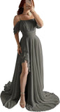 Elegantes schulterfreies Chiffon-Ballkleid für Brautjungfern mit Schlitz, lang, A-Linie, plissierte Rüschen, formelles Abendkleid für Damen 