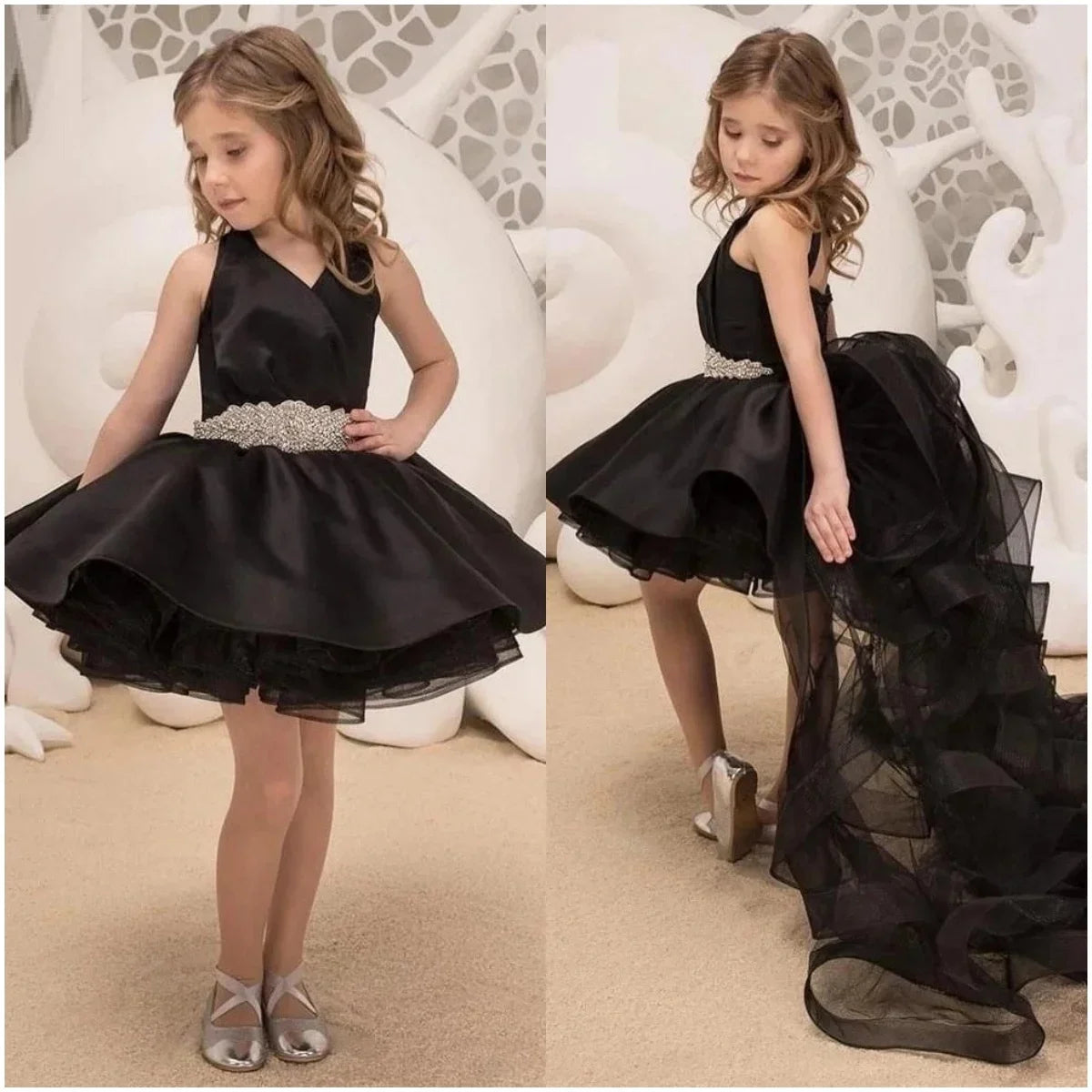 Ballkleid Erstkommunion Kleider Schwarze Blumenmädchenkleider für Hochzeit Tüll Besded Abnehmbare Ärmellose Mädchen Kindergeburtstag 