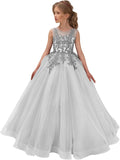 Festzugskleider für Mädchen, Spitzenapplikation, Blumenmädchenkleid, Tüll, Festzugskleid für Mädchen, lang, ärmellos, Prinzessinnen-Party-Ballkleid 