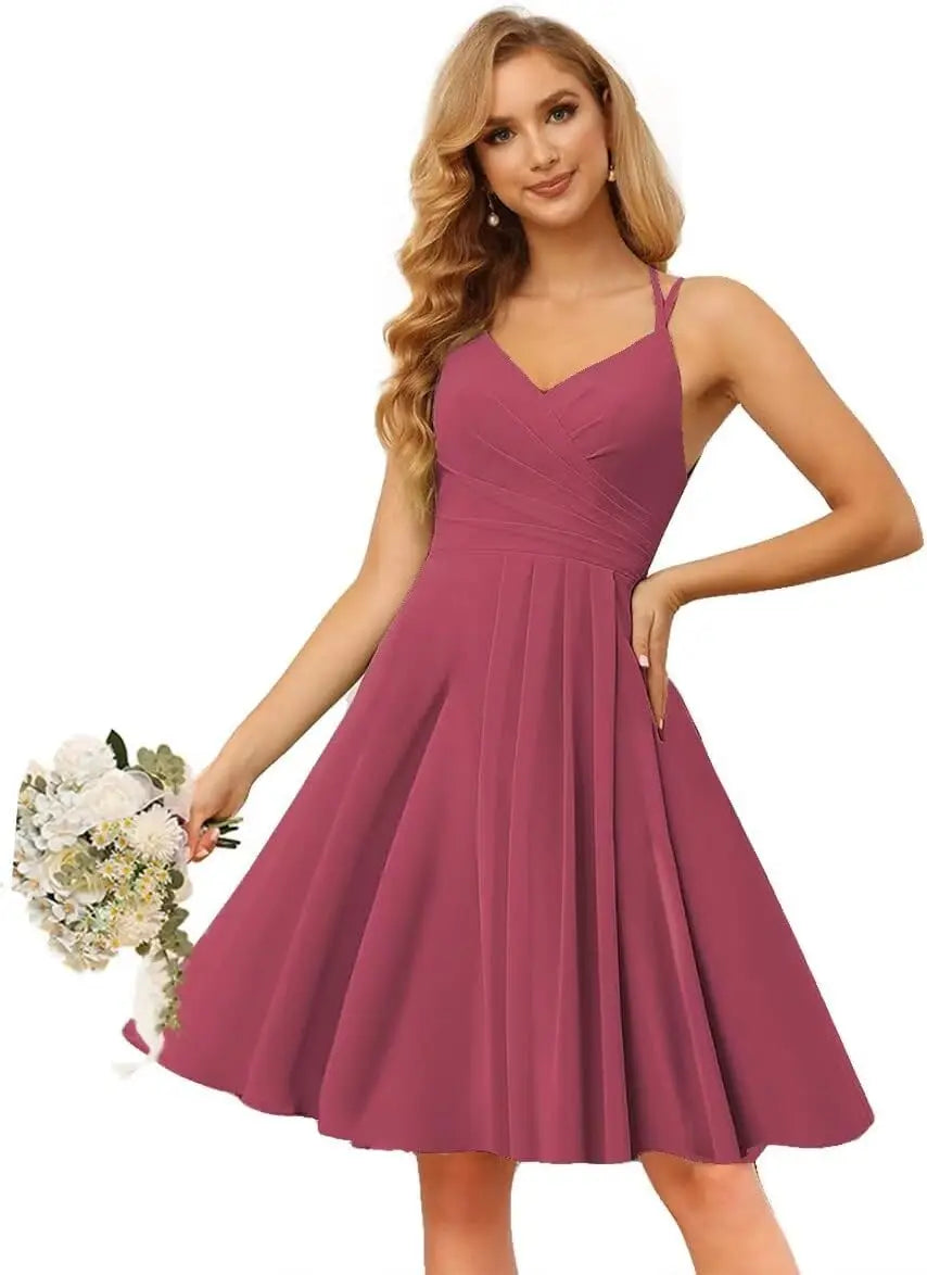 Chiffon V Neck Bridesmaid Dress with Pleated Bodice A Line Chiffon Short Prom Homecoming Dress for Women cocktail dresses