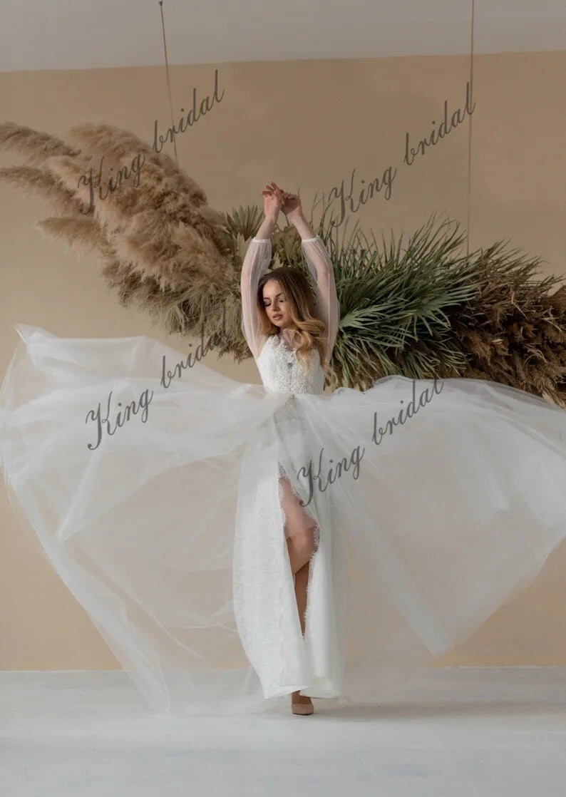 Vestido de novia de encaje y tul con escote en V profundo y mangas largas Vestido de novia línea A personalizado Vestidos de novia para mujer 2025 novia 