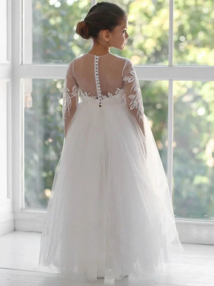 White Tulle Appliques Long Sleeve For Wedding Birthday Prom Banquet Holy Communion Gowns Customized Flower Girl Dresses