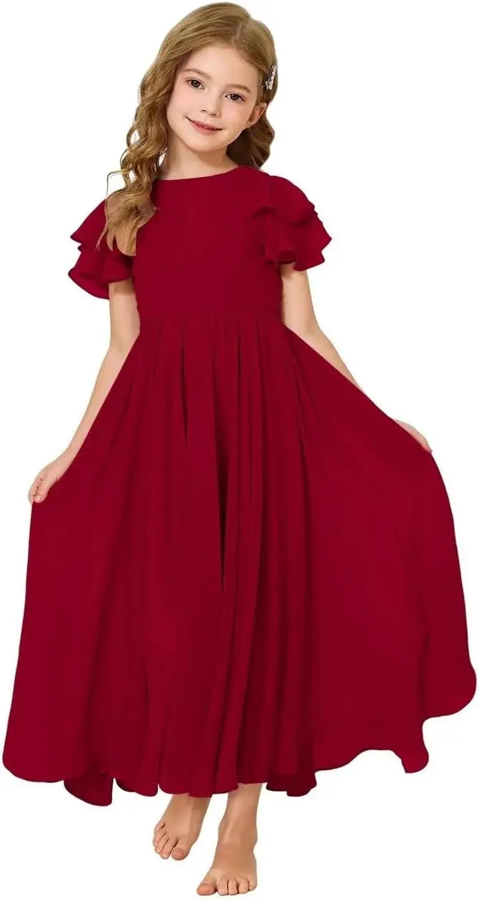 Flower Girl Maxi Dress for Wedding Bridesmaids Flowy Chiffon Teens Ruffle Sleeve Formal Party Pageant Gown princess dress