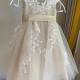 Vestidos de niña de flores de tul con encaje para bodas, vestido de niña de cumpleaños con ilusión y apliques de encaje, vestido de princesa con tutú para niñas de concurso 