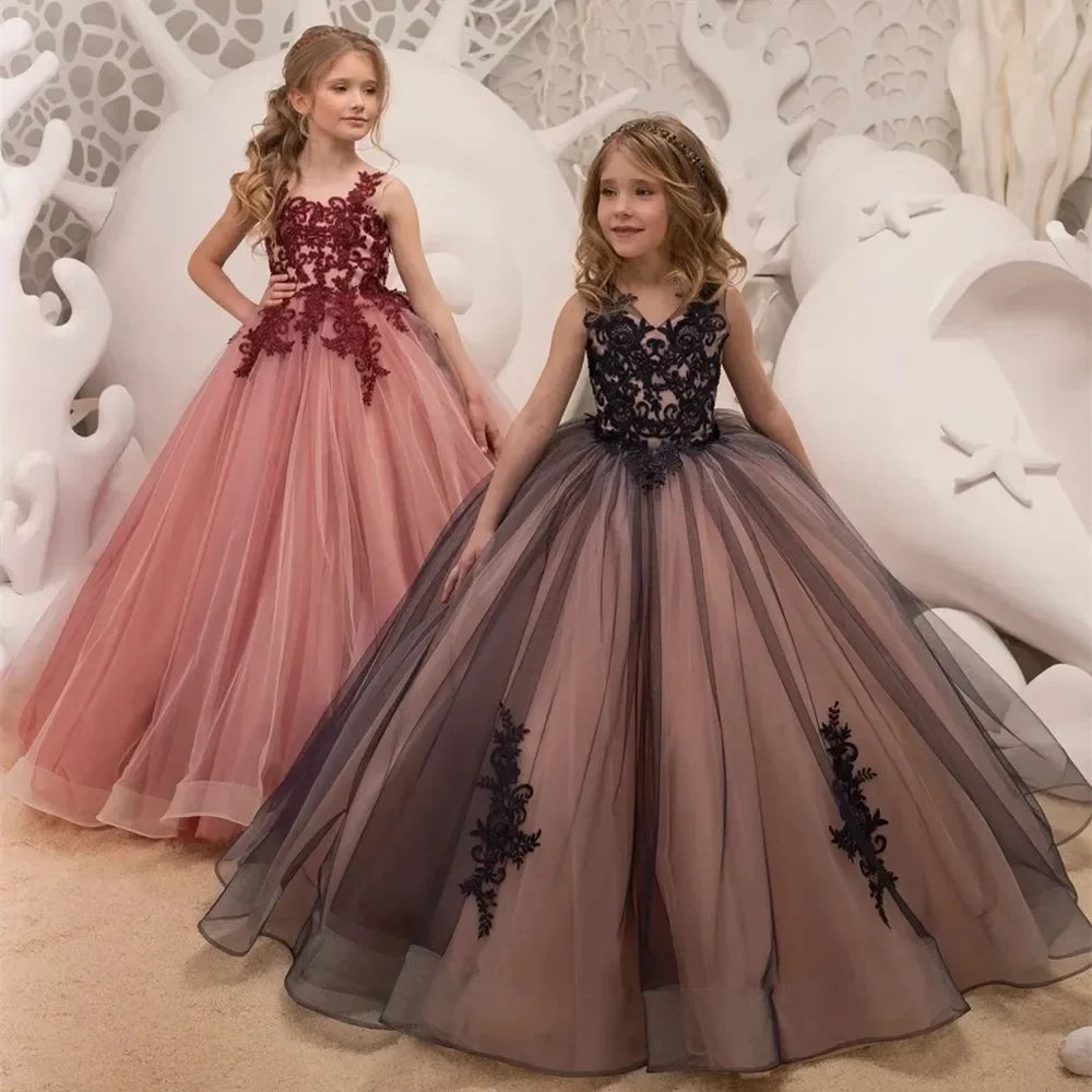 Pageant Birthday Photoshoot First Communion Customize V-Neck Flower Girl Dress for Wedding Lace Tulle Formal Occasion Party